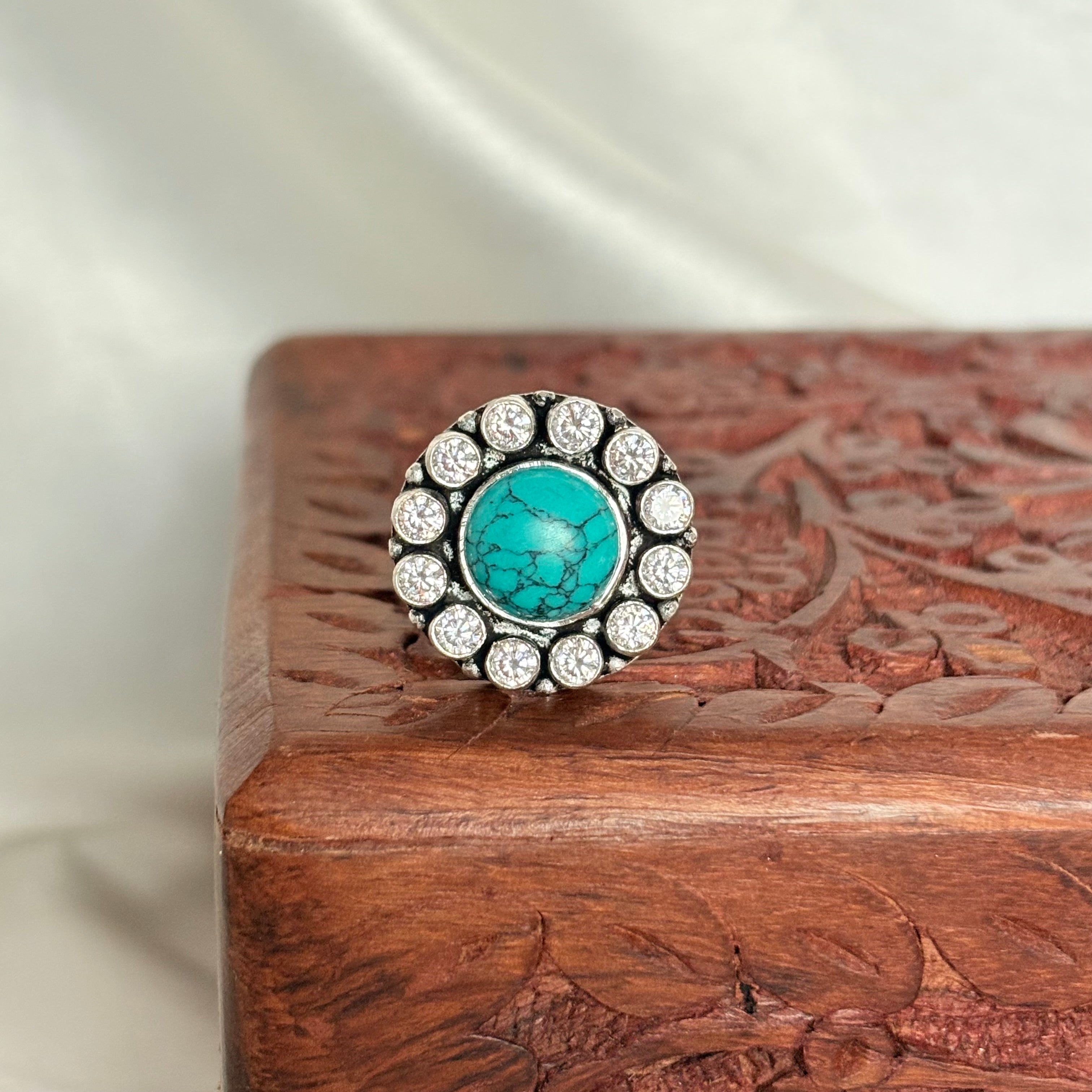 Turquoise Boho Floral Silver Adjustable Ring