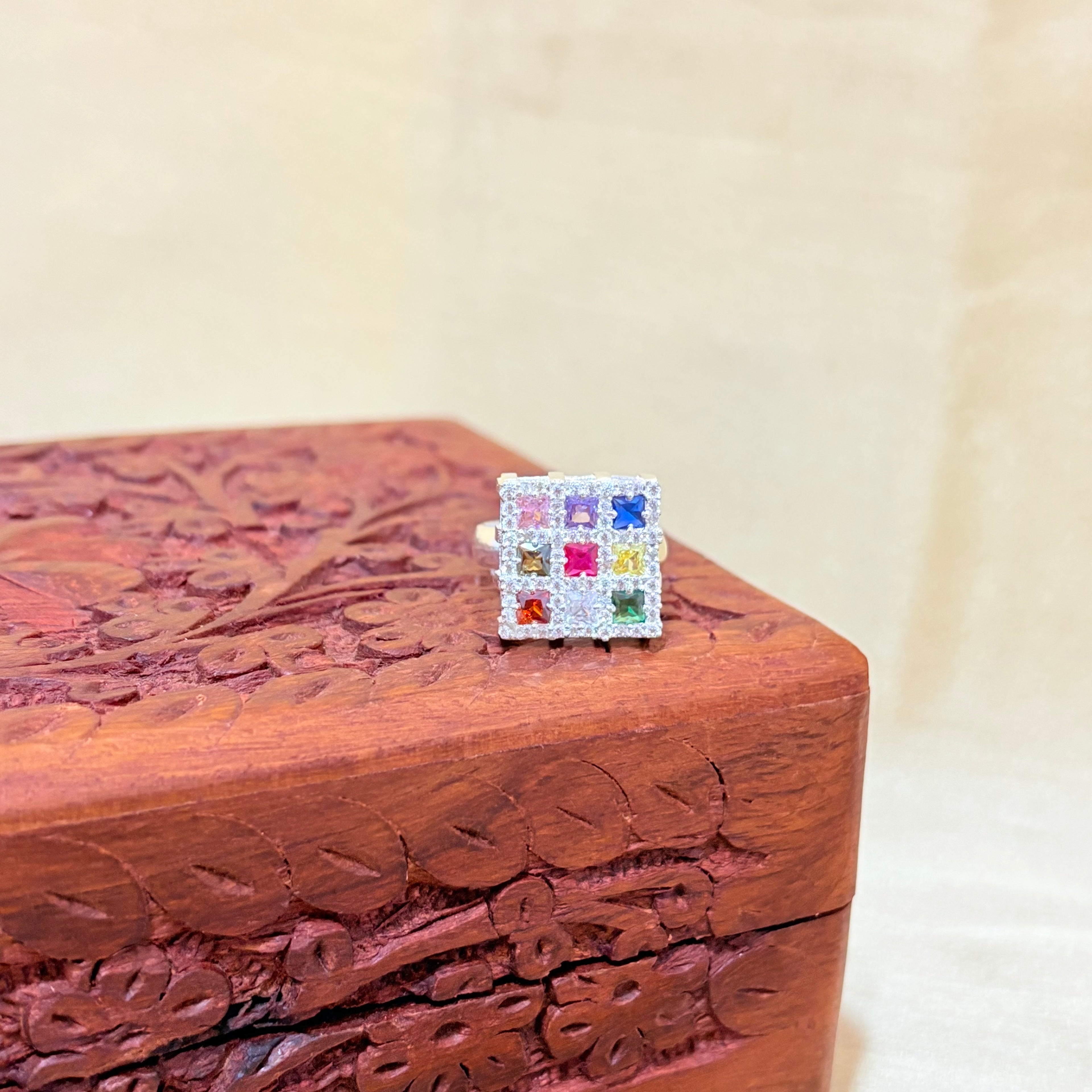 Pure 925 Navratan Minimilist Silver Ring Adjustable