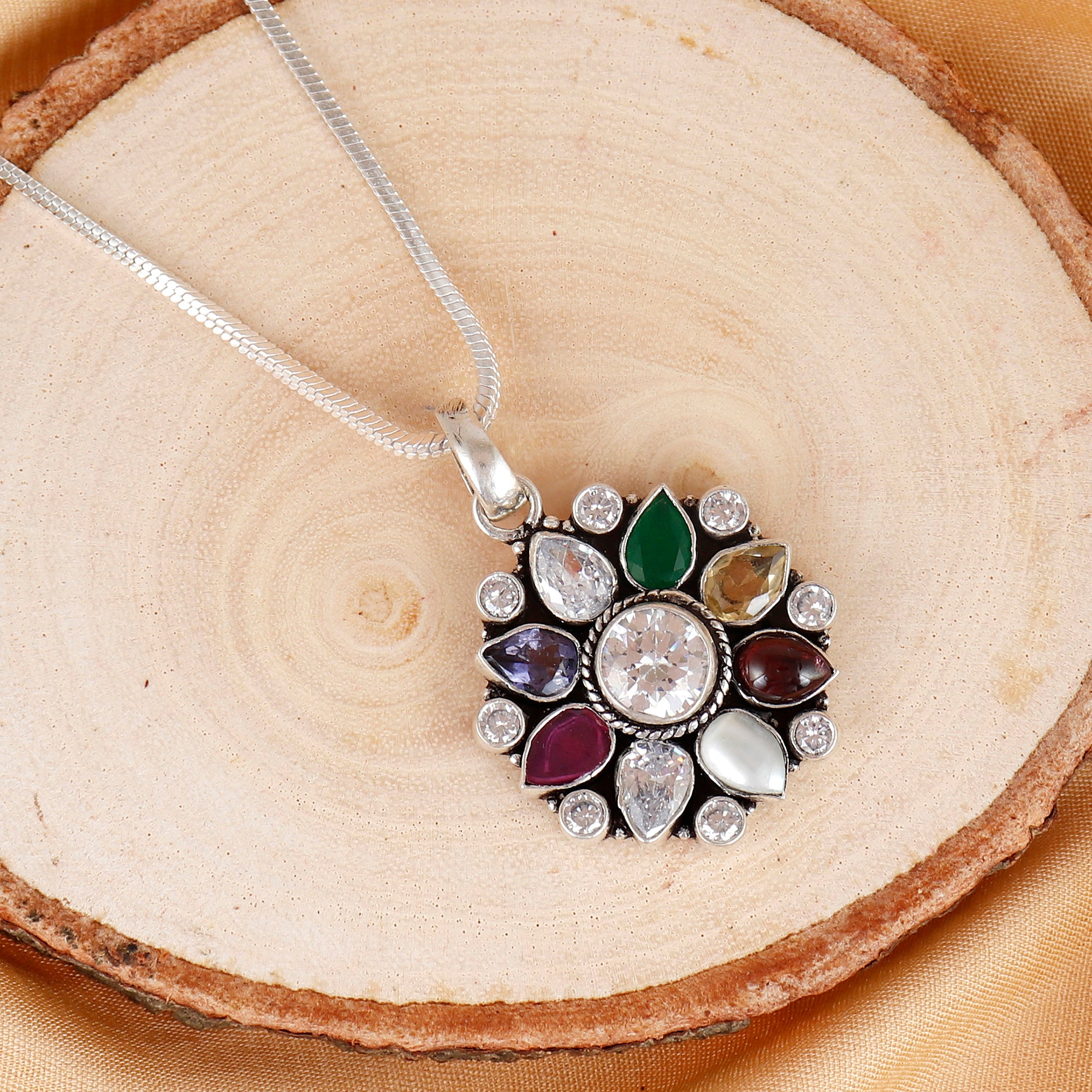 Navratan Silver Pendant For Women