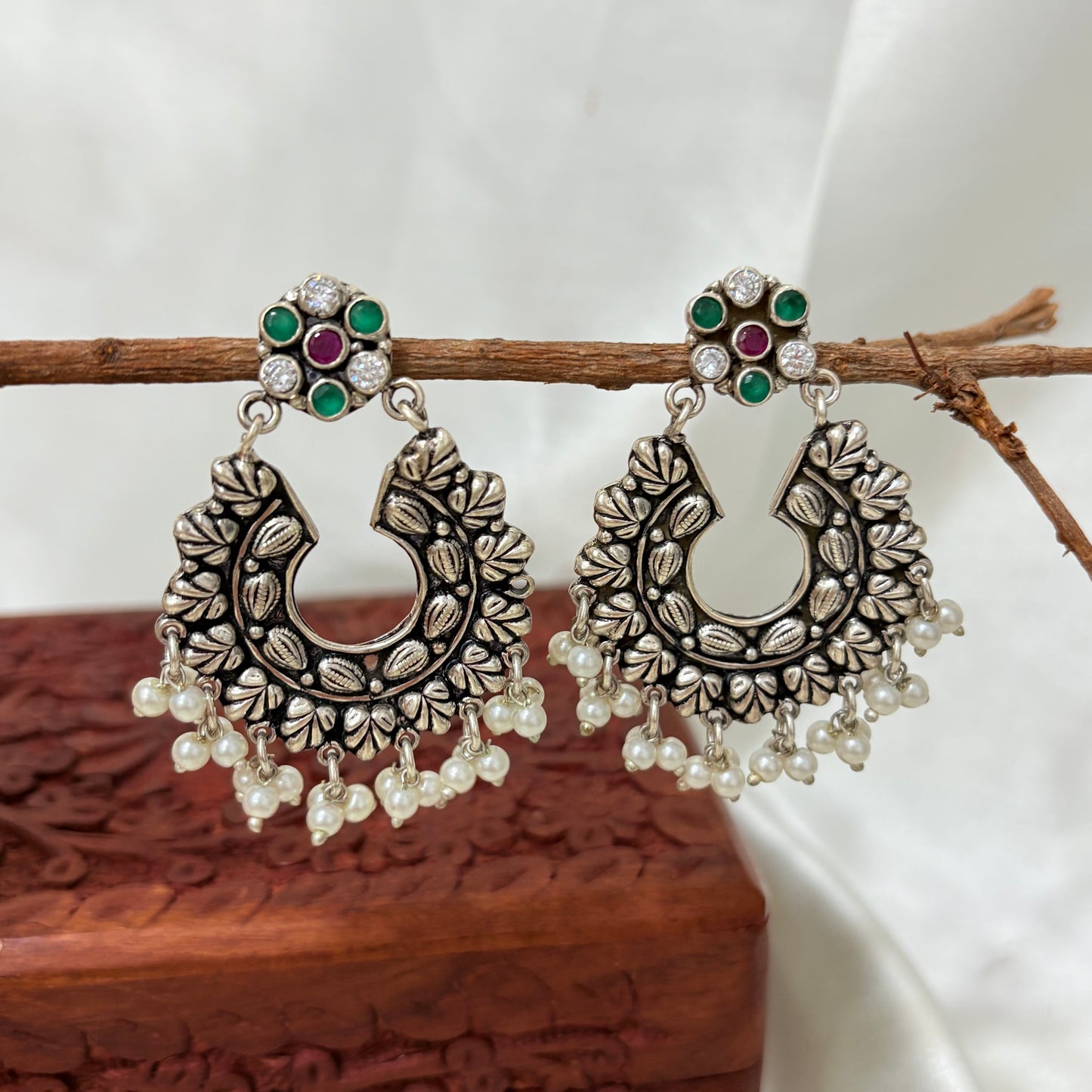 Antique Silver Emerald & Ruby Floral Jhumka Earrings