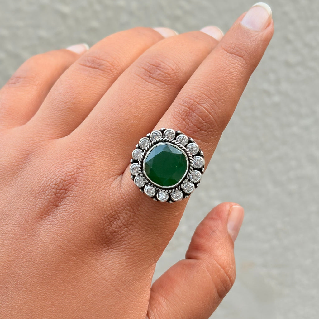 Royal Green Sunburst Silver Cocktail Ring