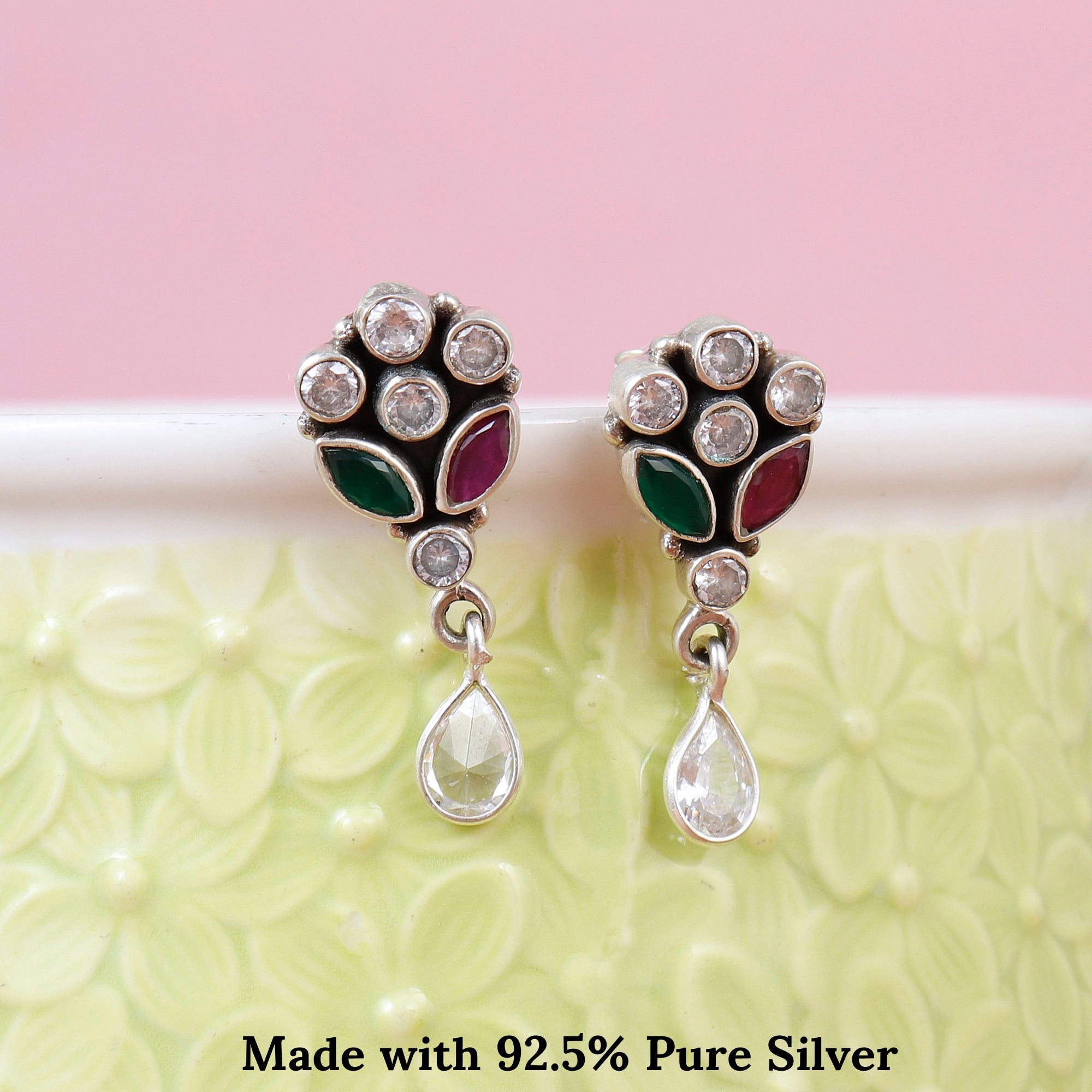 Emerald and Ruby Glimmering Silver Drops