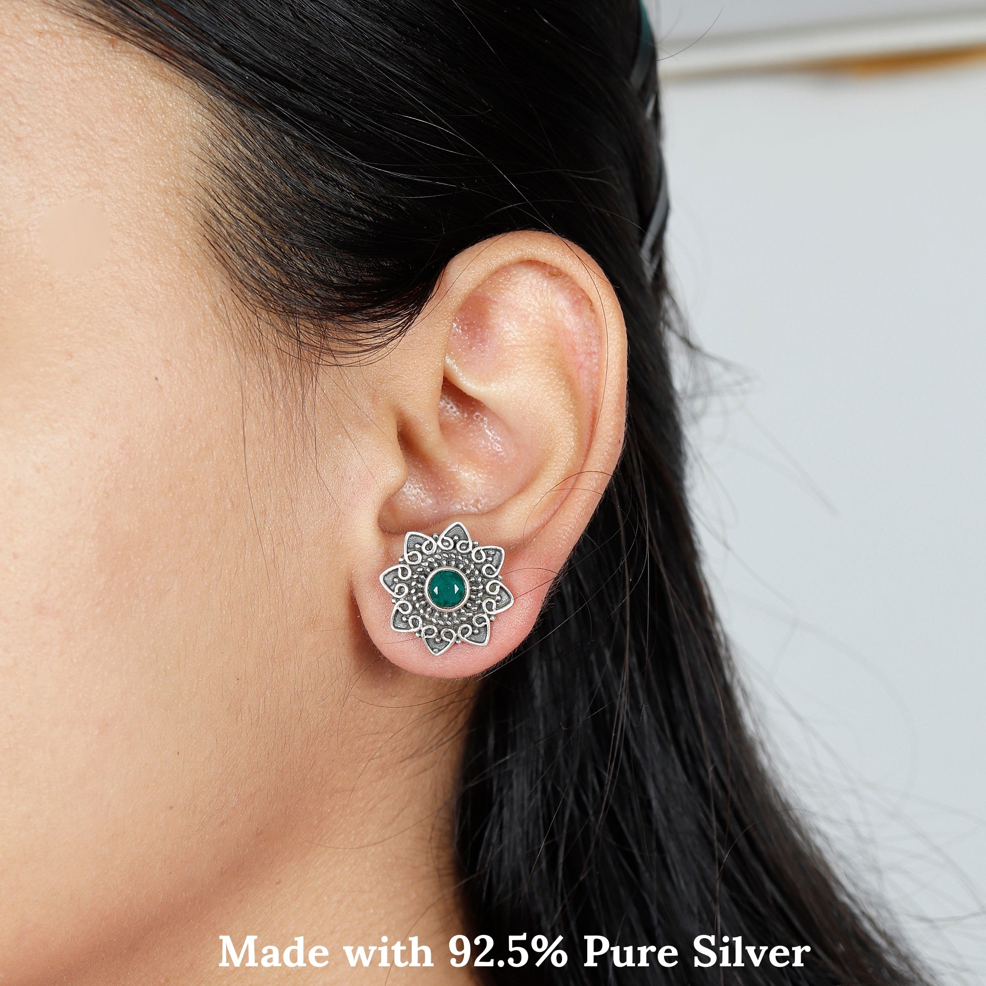 Emerald Glint Rava Work Silver Earring