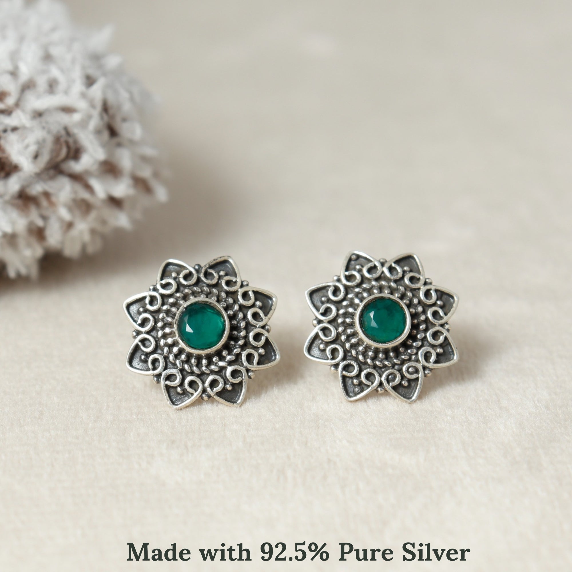 Emerald Glint Rava Work Silver Earring