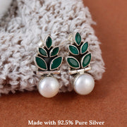 Emerald Petal Pearl Drop Silver Earring