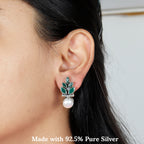 Emerald Petal Pearl Drop Silver Earring