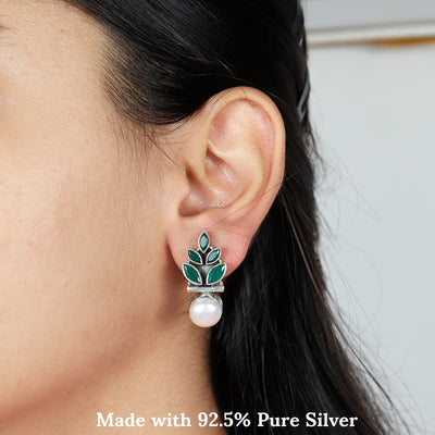 Emerald Petal Pearl Drop Silver Earring