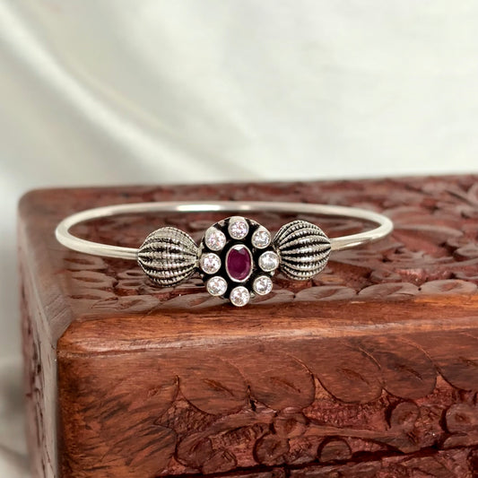 Oxidized Silver Ruby and CZ Floral Cuff Bangle