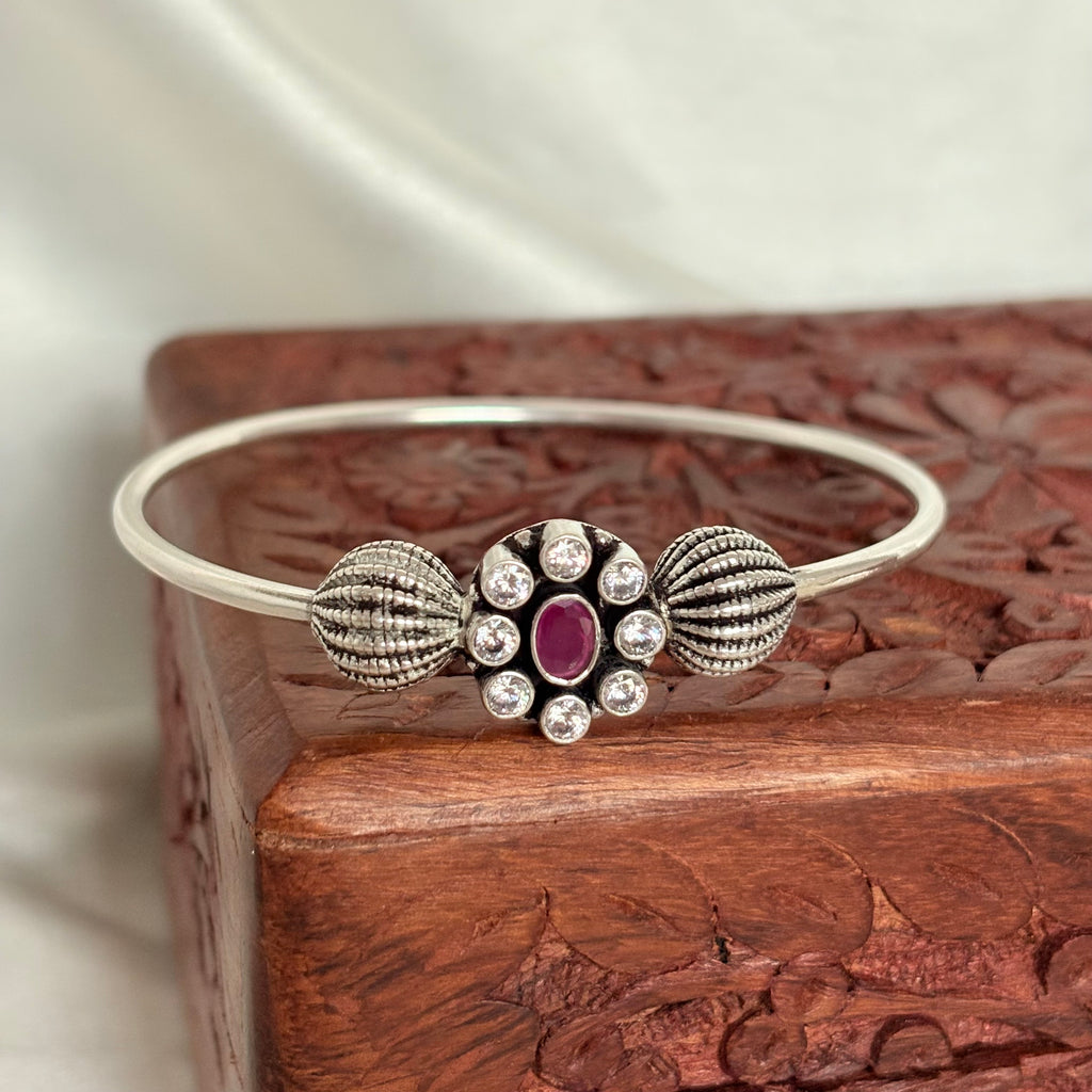 Oxidized Silver Ruby and CZ Floral Cuff Bangle