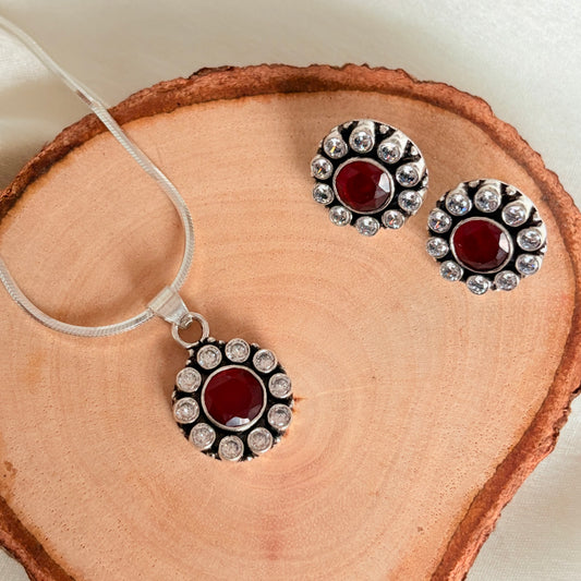 Blossom Ruby Cubic Zircoina Silver Pendant Set