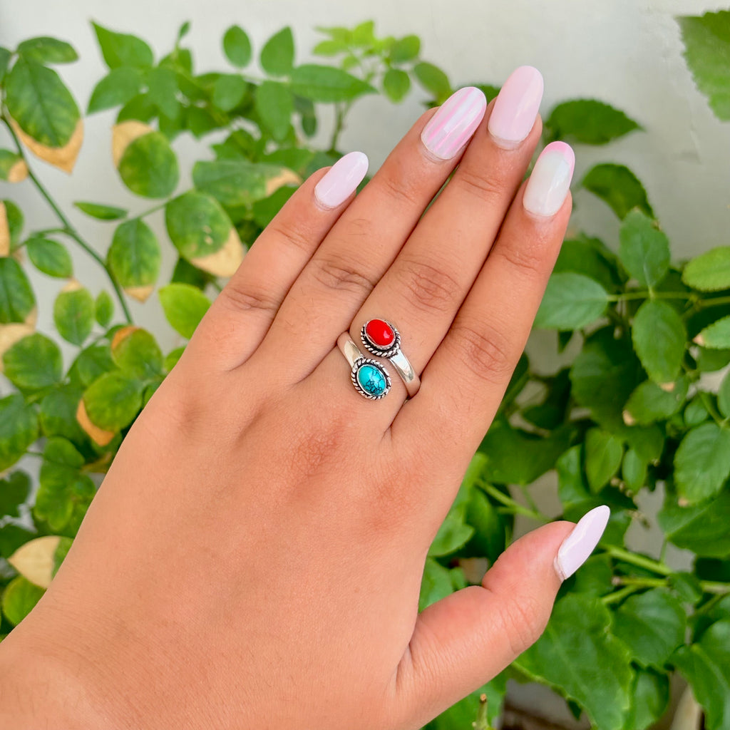Silver Turquoise and Red Coral Ring