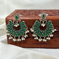 Silver Emerald Stone Cluster Chandbali Earrings with Pearl Drops