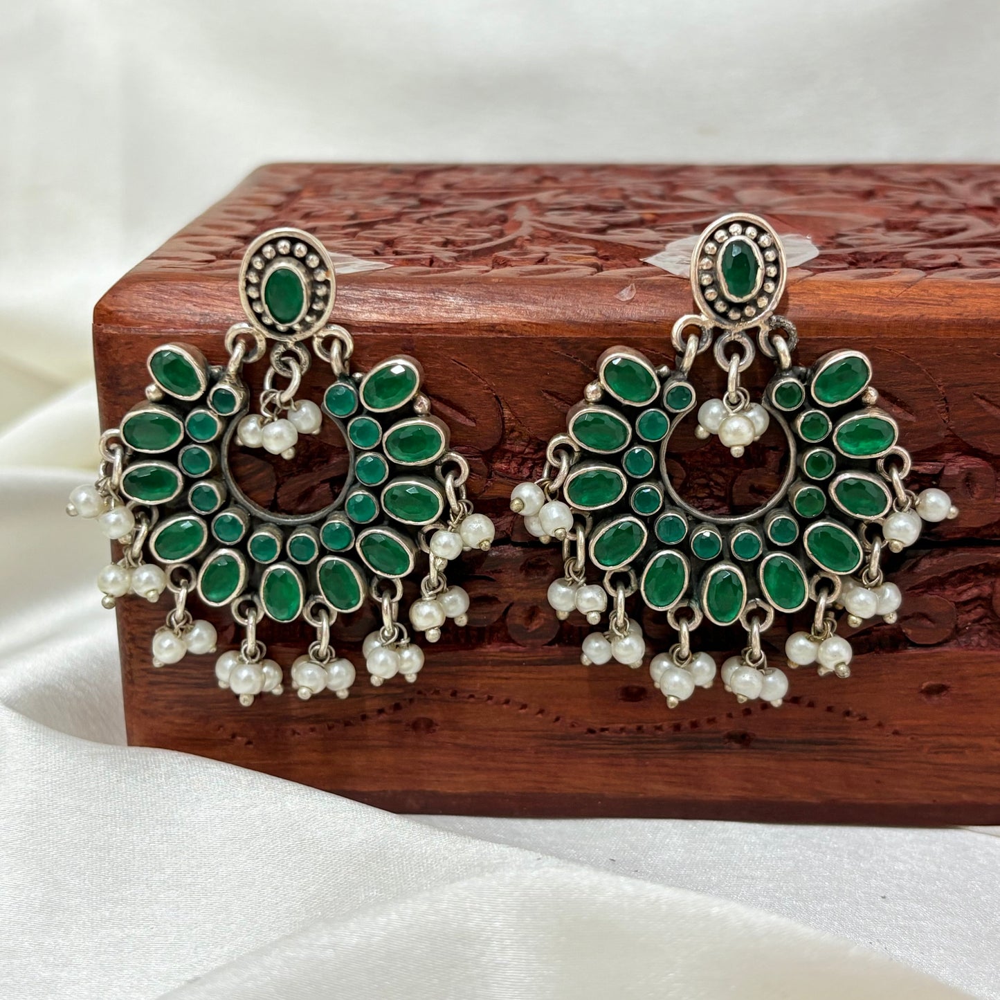 Silver Emerald Stone Cluster Chandbali Earrings with Pearl Drops