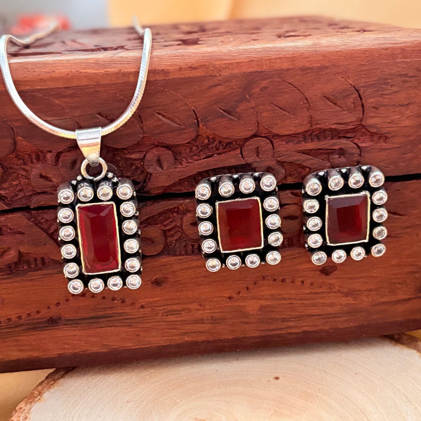 Vintage Red Zirconia Silver Jewelry Gift Set