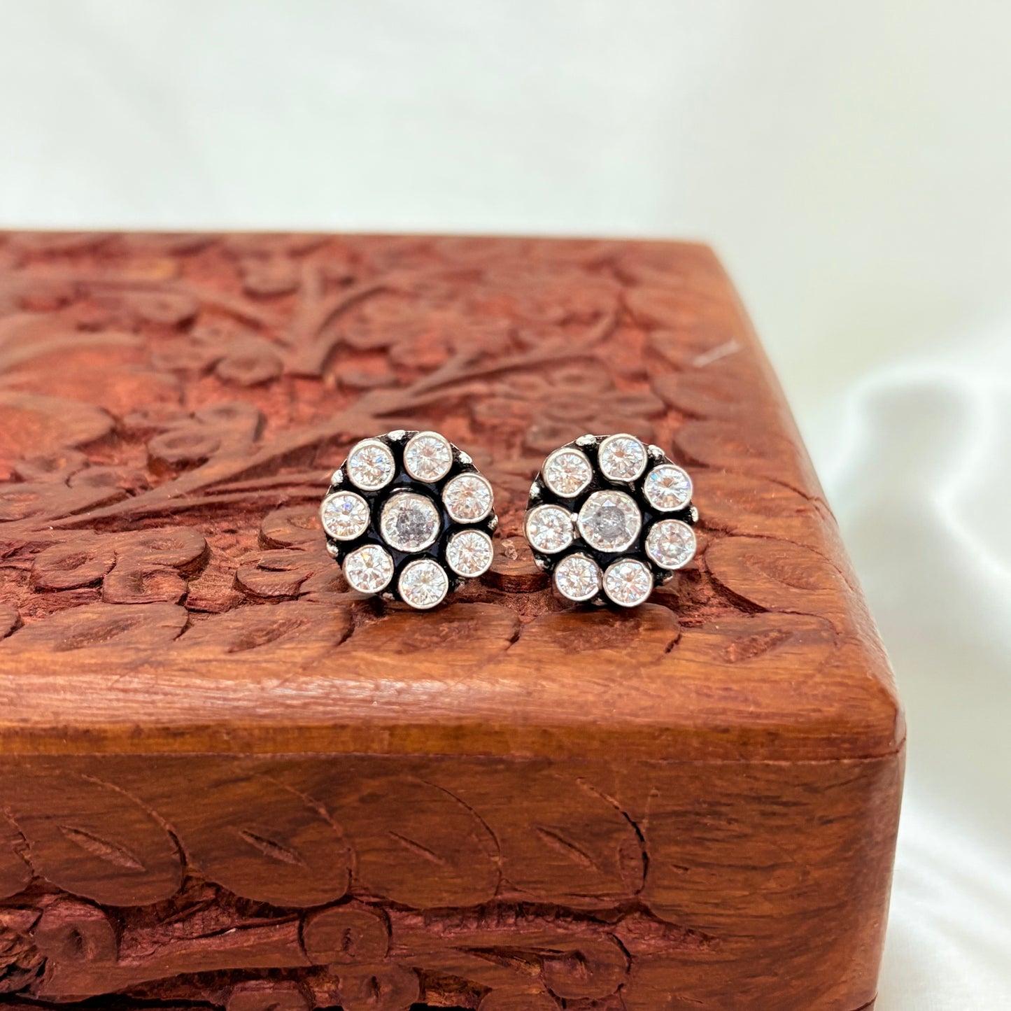 Silver Vintage Floral Halo Stud Earrings