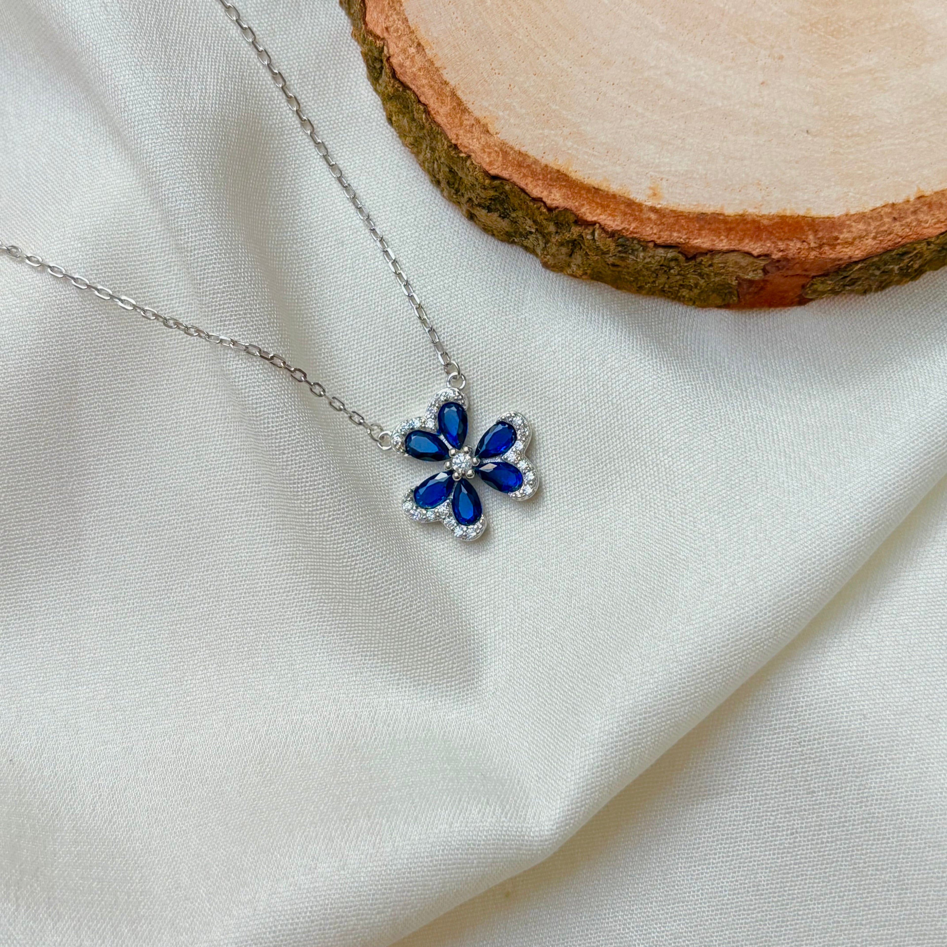 Blue Petal Sparkle Silver Necklace