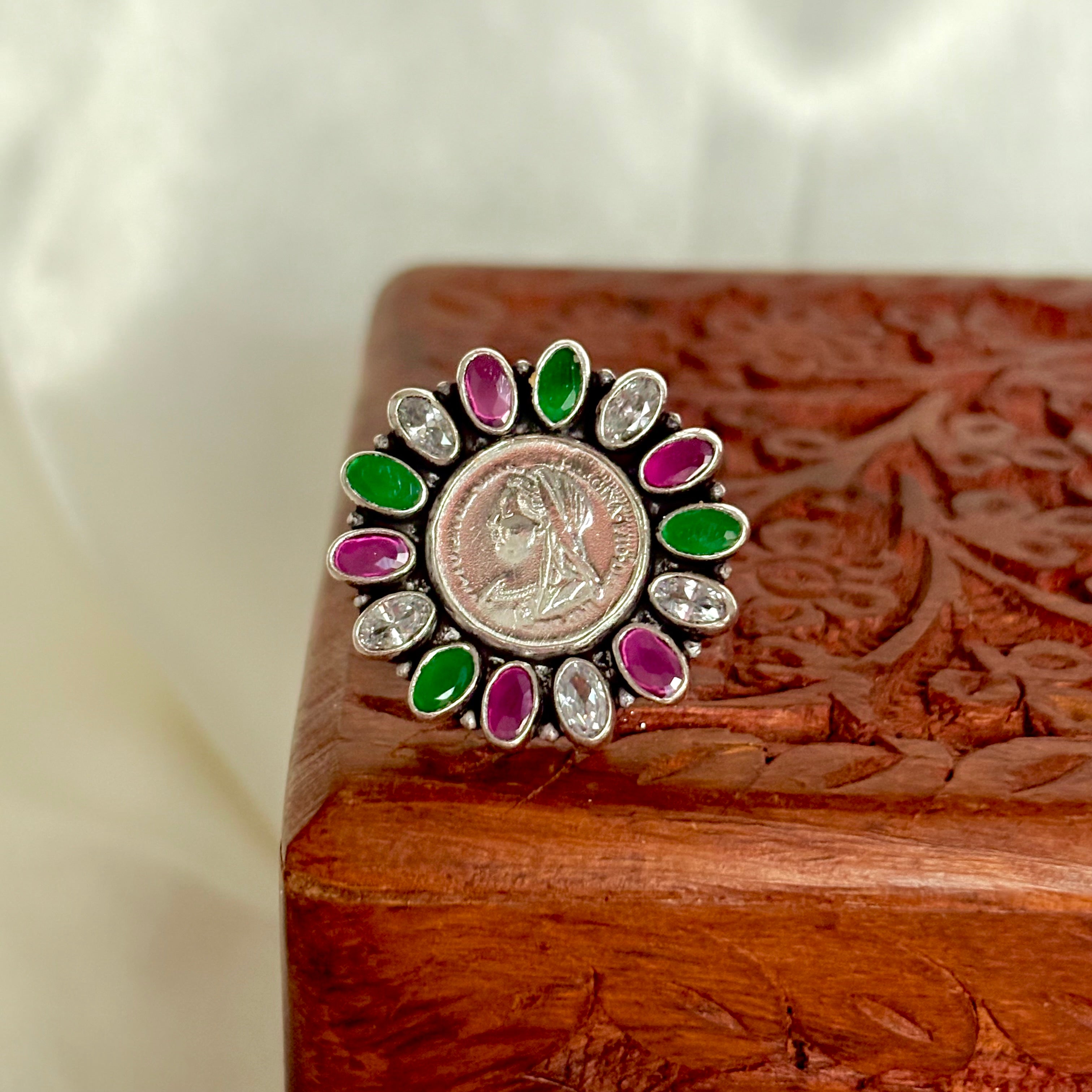 Silver Coin Oval Multicolour Silver Ring