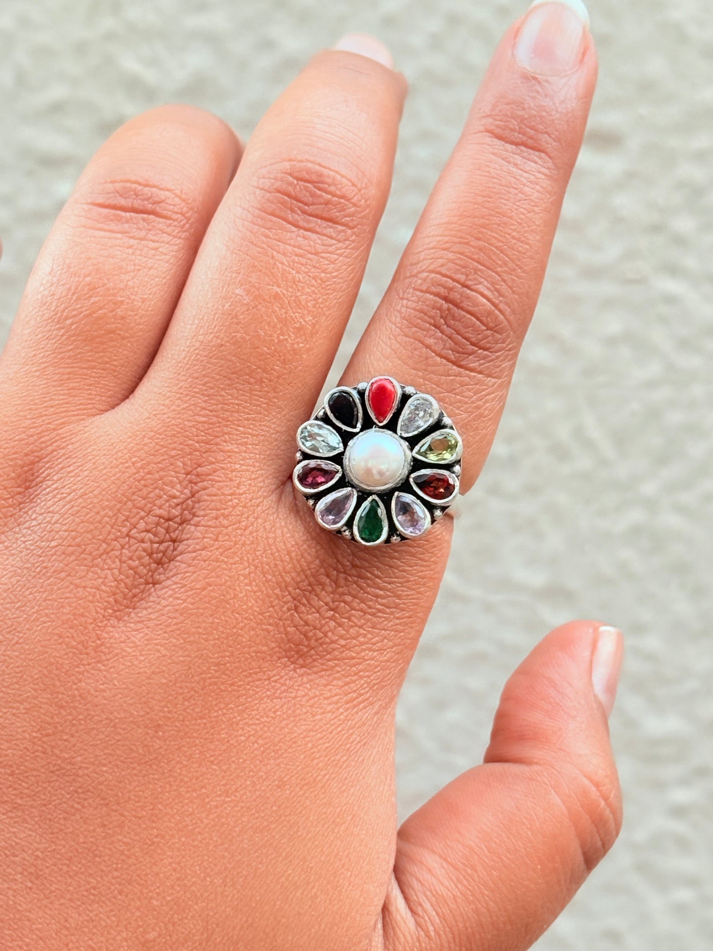 Pure Silver Pearl Navratan Ring