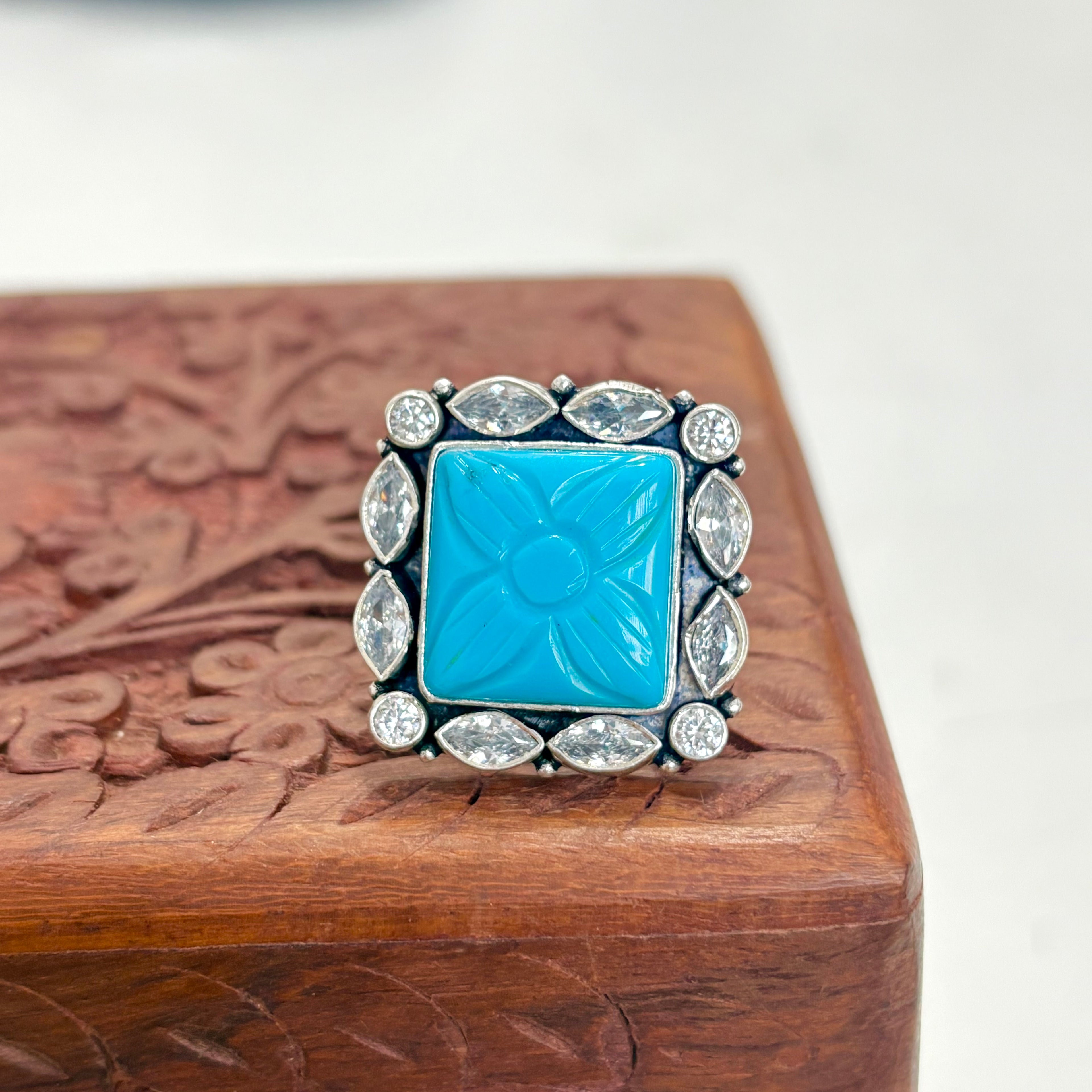 Square Turquoise Carved Stone Silver Ring