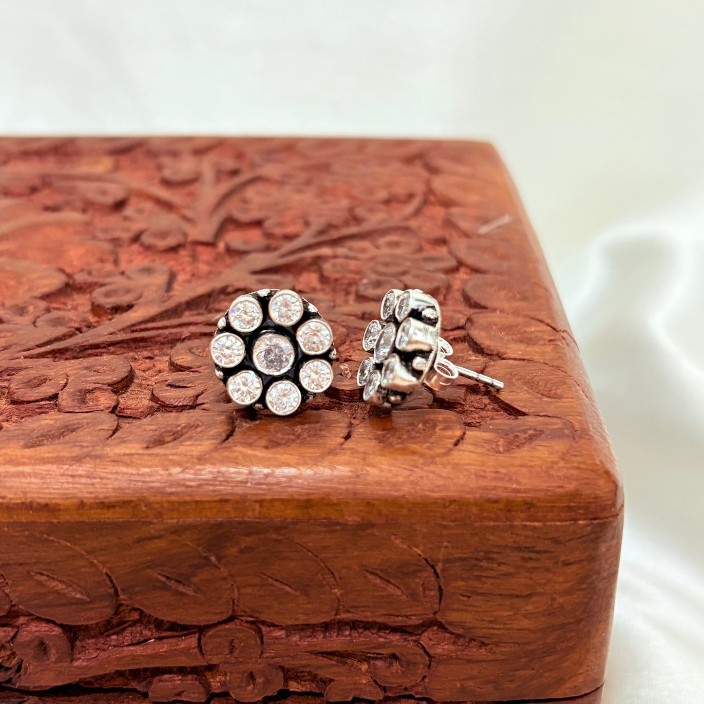Silver Vintage Floral Halo Stud Earrings