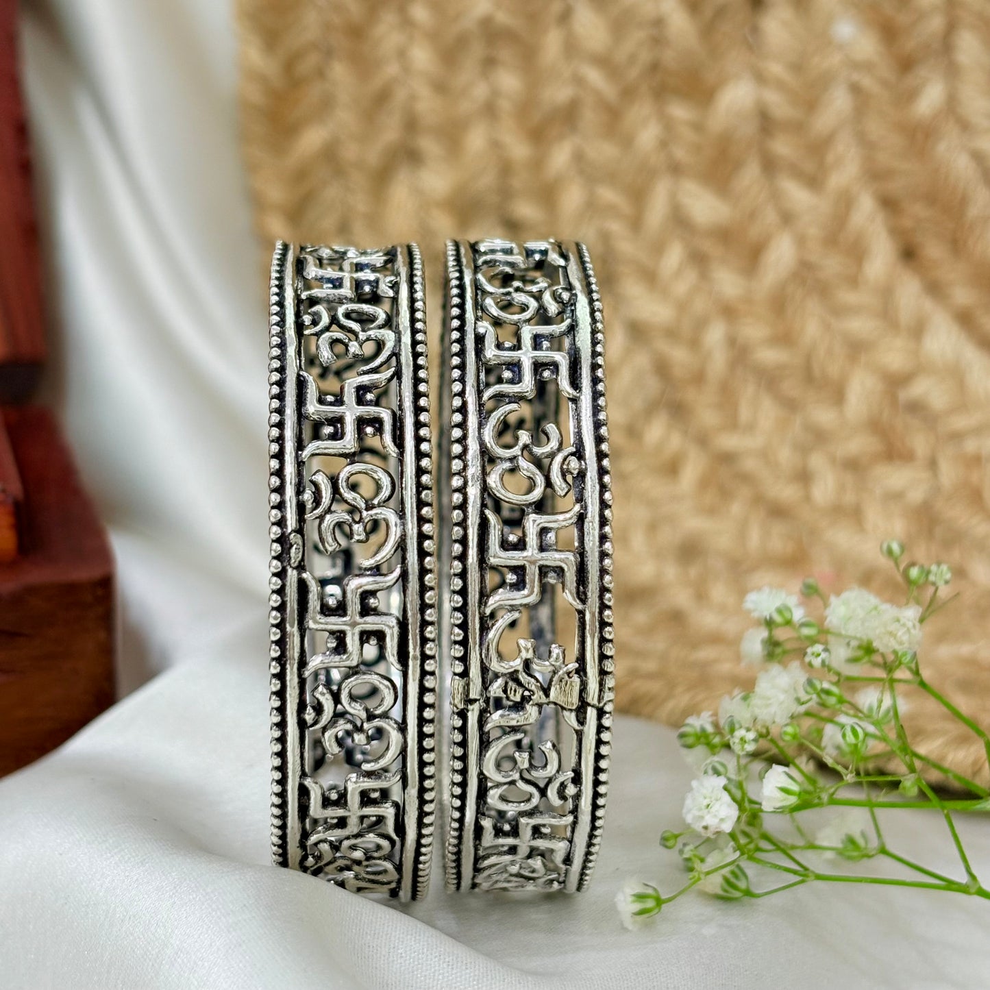Shubh Swastik Divine Om Engraved Silver Bangle