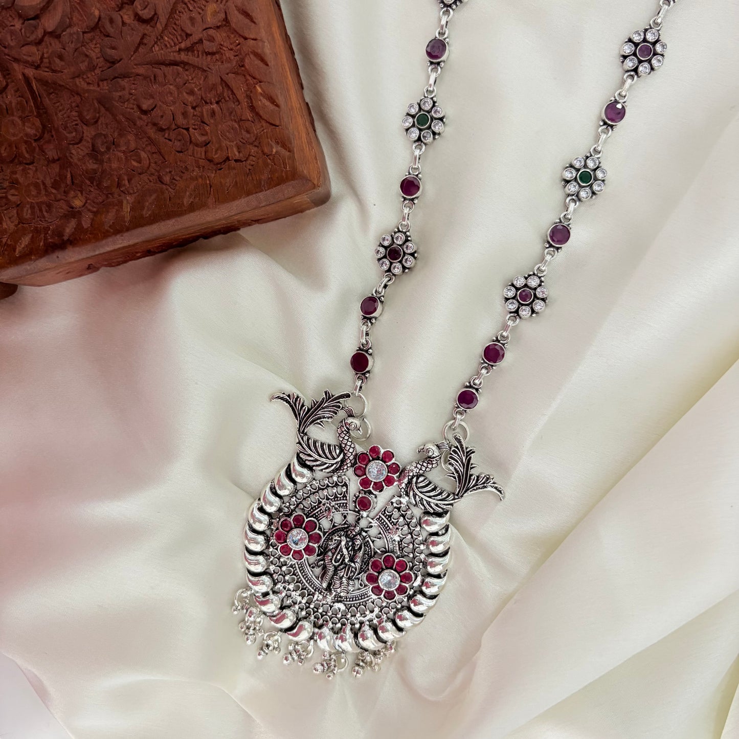 Nirtya Mayura Divine Radha Krishna Silver Necklace