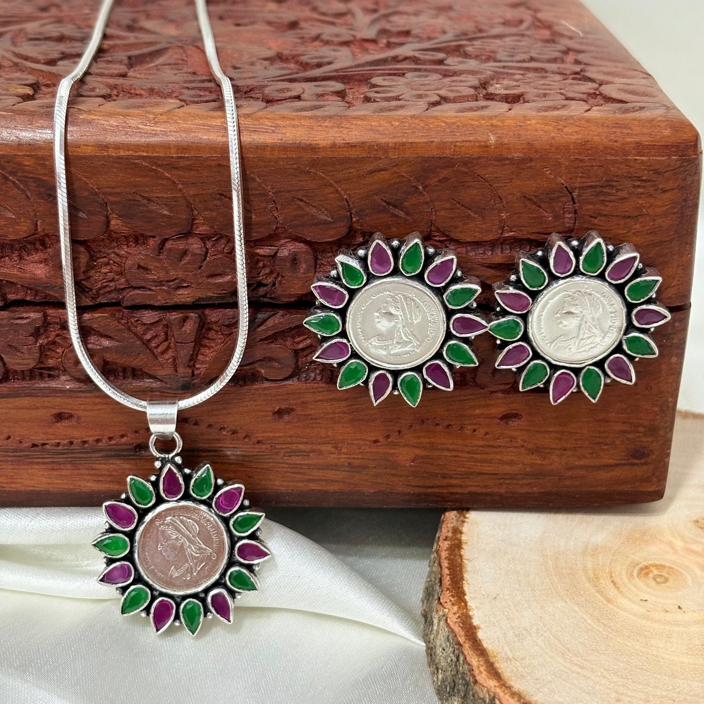 Rajratna Multicolor Silver Coin Statement Necklace Set