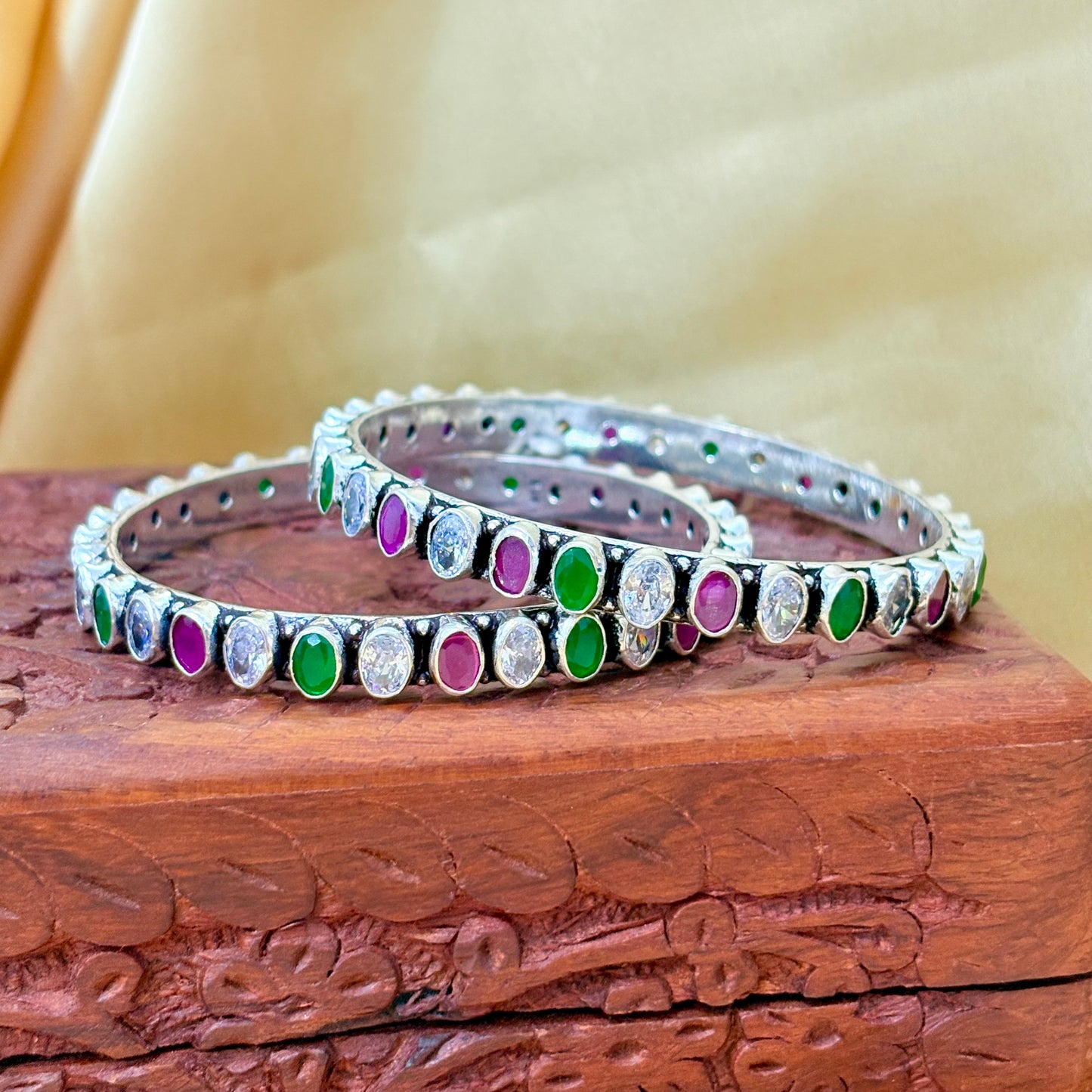 Multicolor Oval Shape Stone Silver Bangle