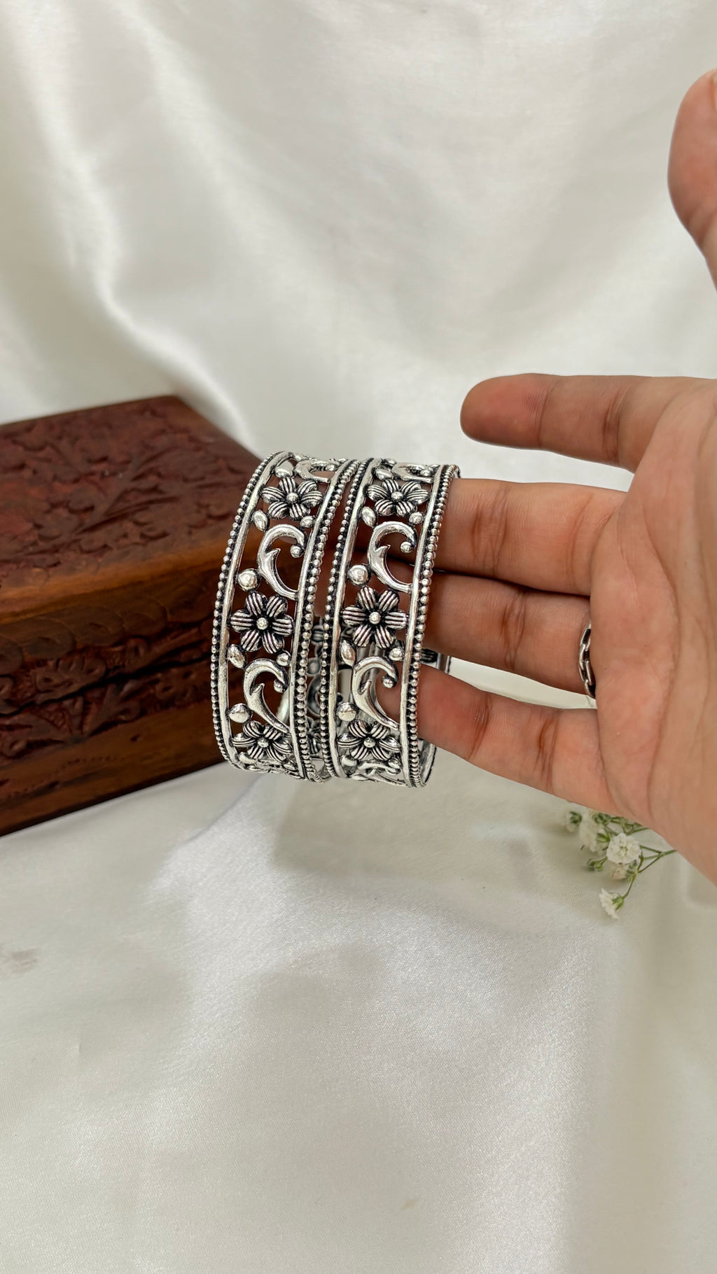 Lotus Grace Oxidized Silver Bangle