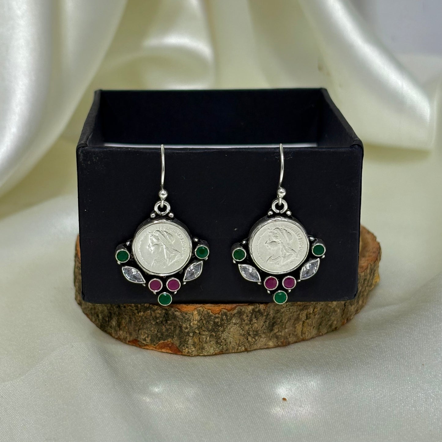 Regal Bloom Silver Hanging Coin earring