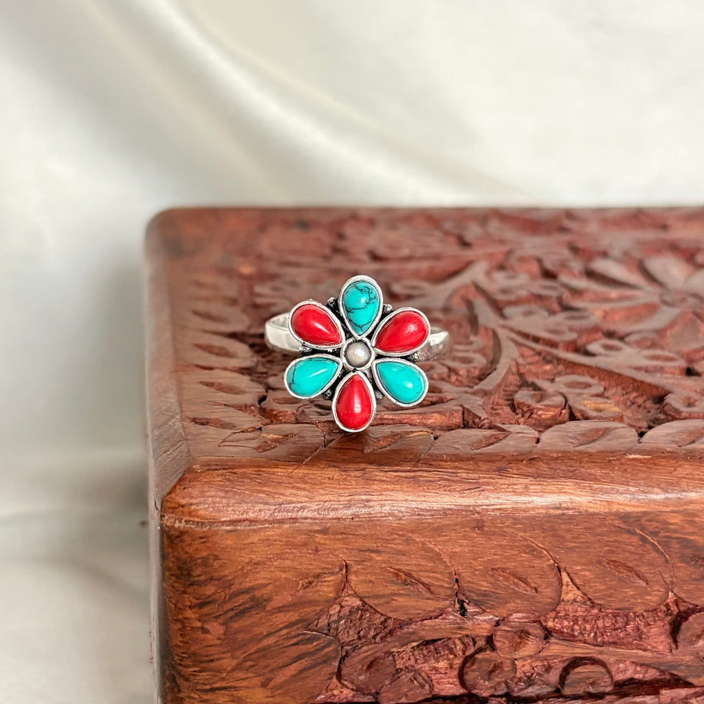Tribal Blossom Turquoise Coral Cocktail Silver Ring