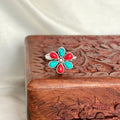 Tribal Blossom Turquoise Coral Cocktail Silver Ring