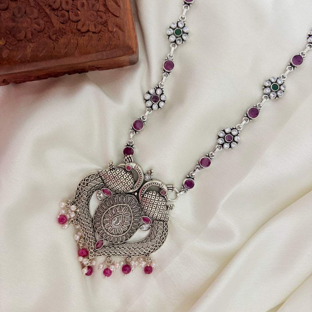 Mayur Bandhan Heart Silver Oxidized Necklace