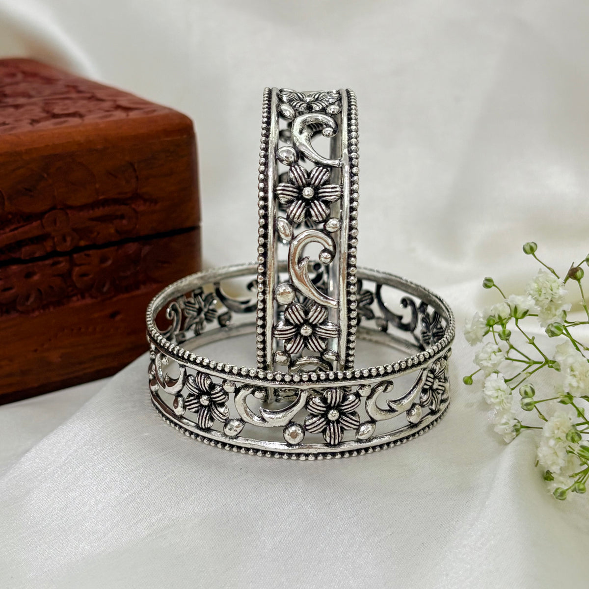 Lotus Grace Oxidized Silver Bangle