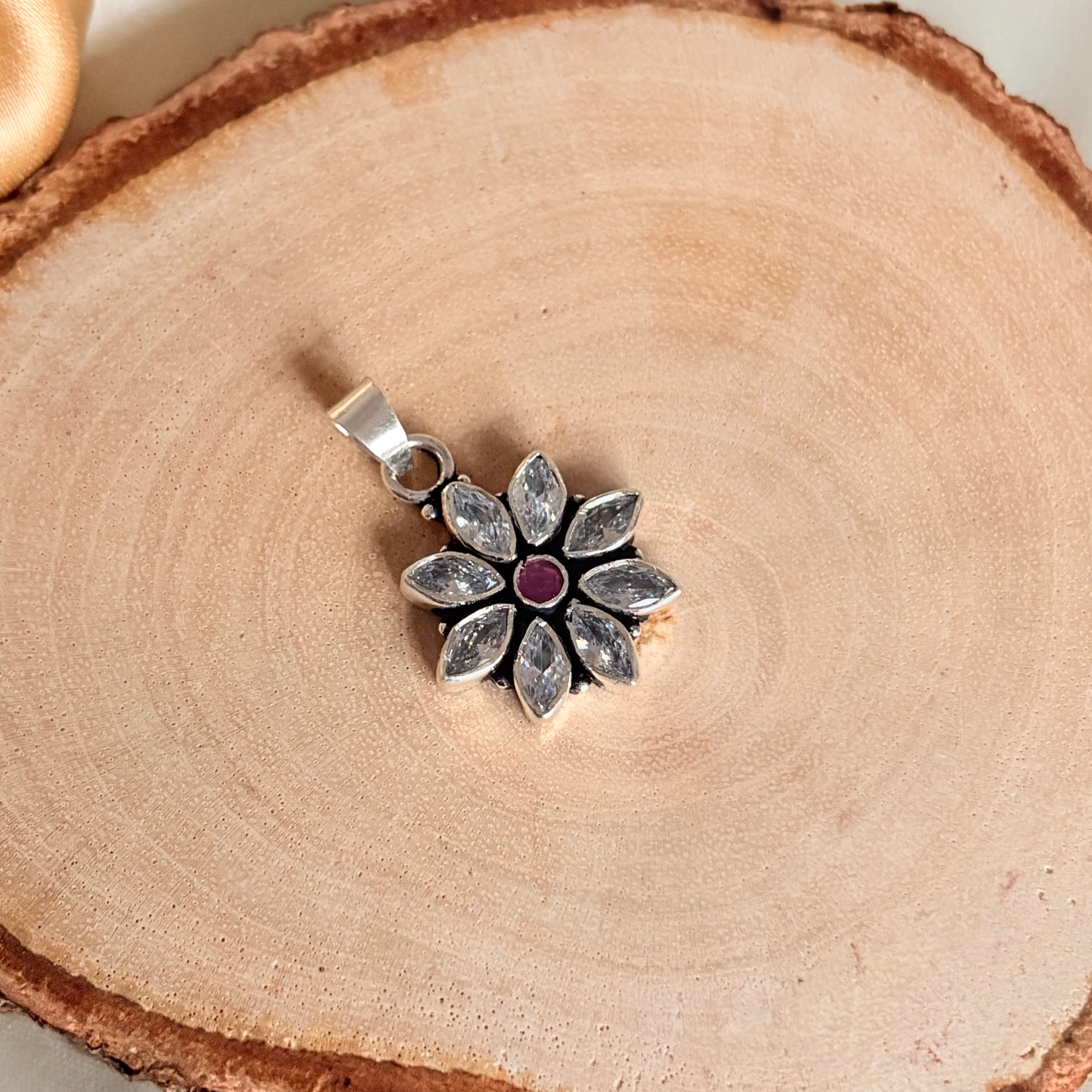 Sterling Silver Zircon Ruby Floral Pendant