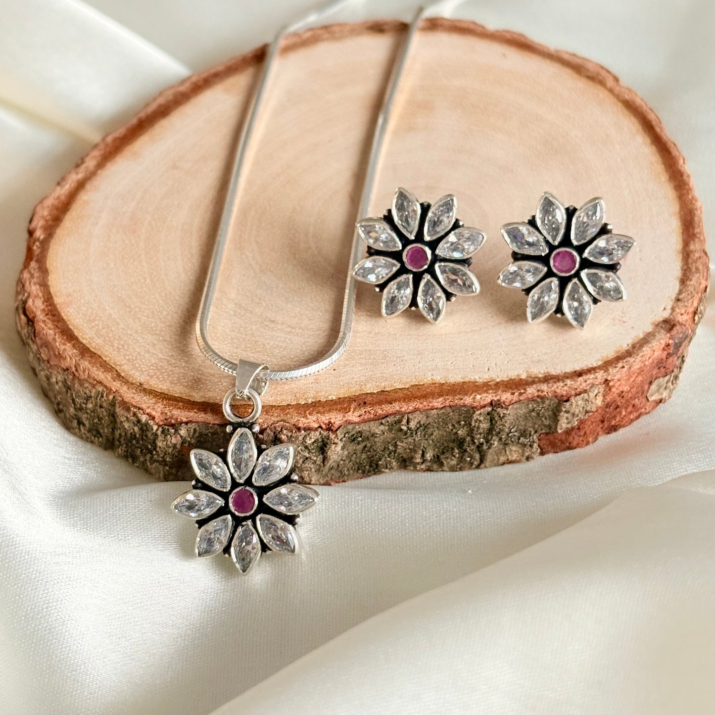 Handcrafted Oxidized Silver Ruby Floral Jewelry Set