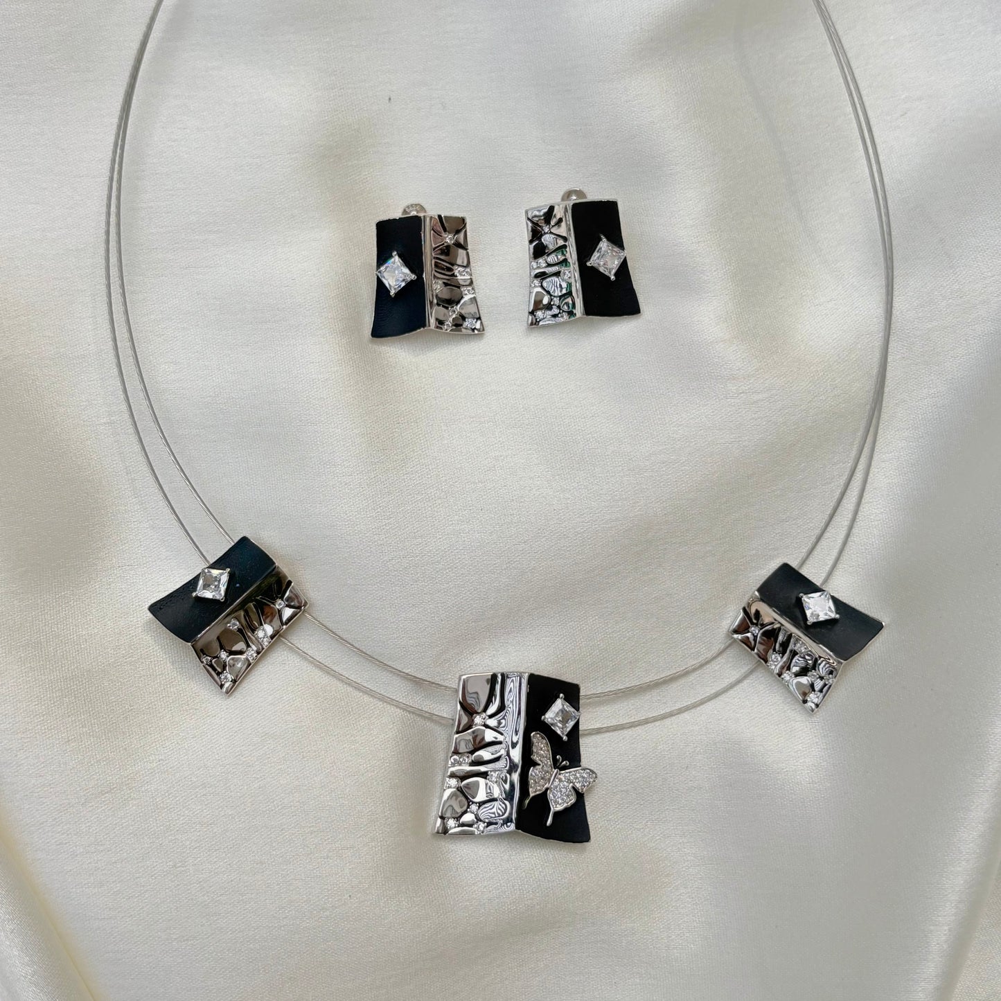 Black Enamel and Sterling Silver Butterfly Jewelry Set