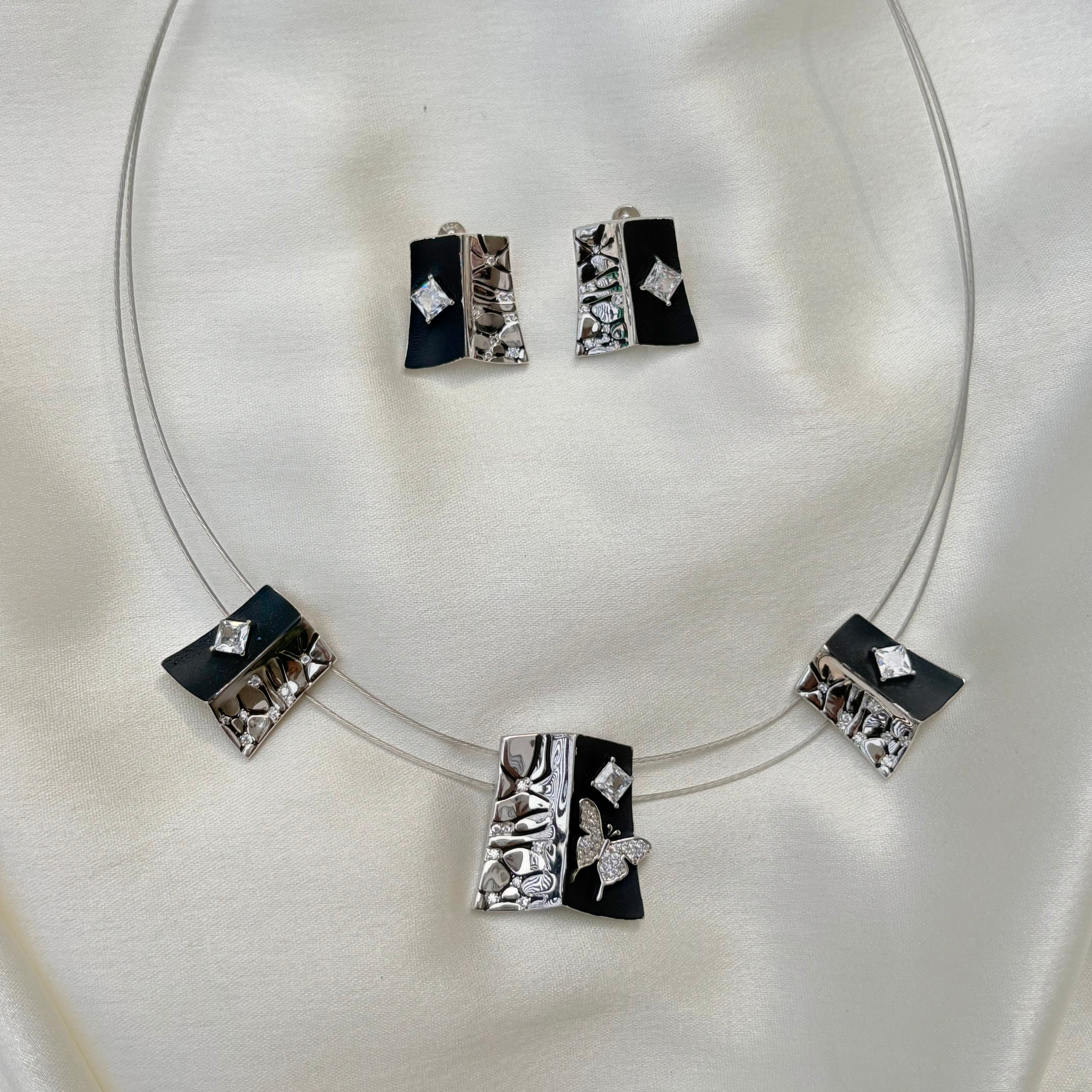 Black Enamel and Sterling Silver Butterfly Jewelry Set