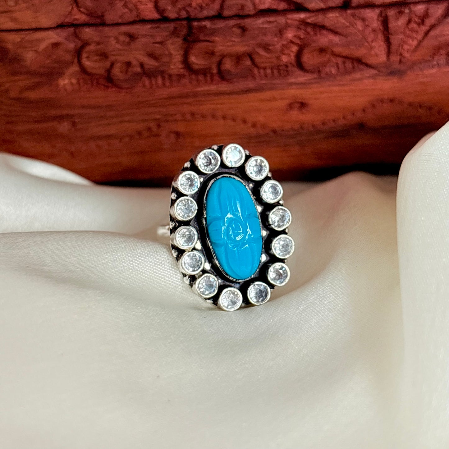Turquoise Carving Gemstone Adjustable Silver Ring