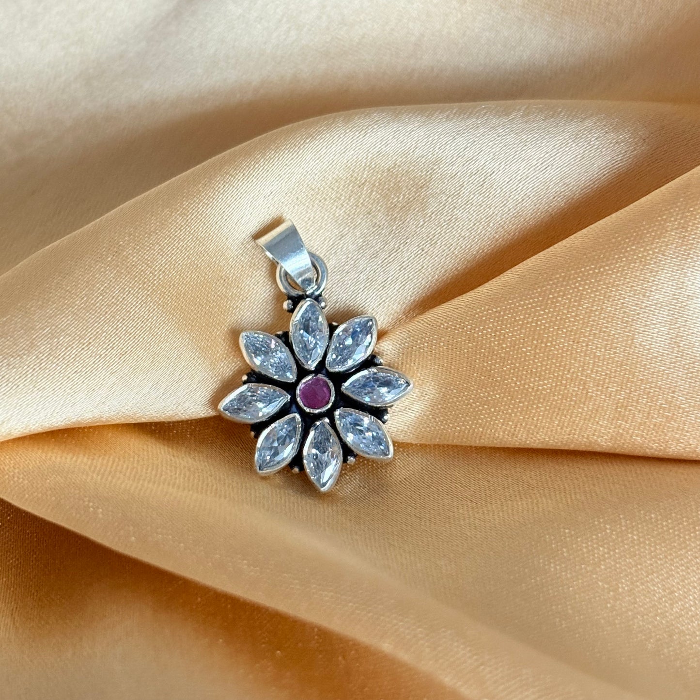 Sterling Silver Zircon Ruby Floral Pendant