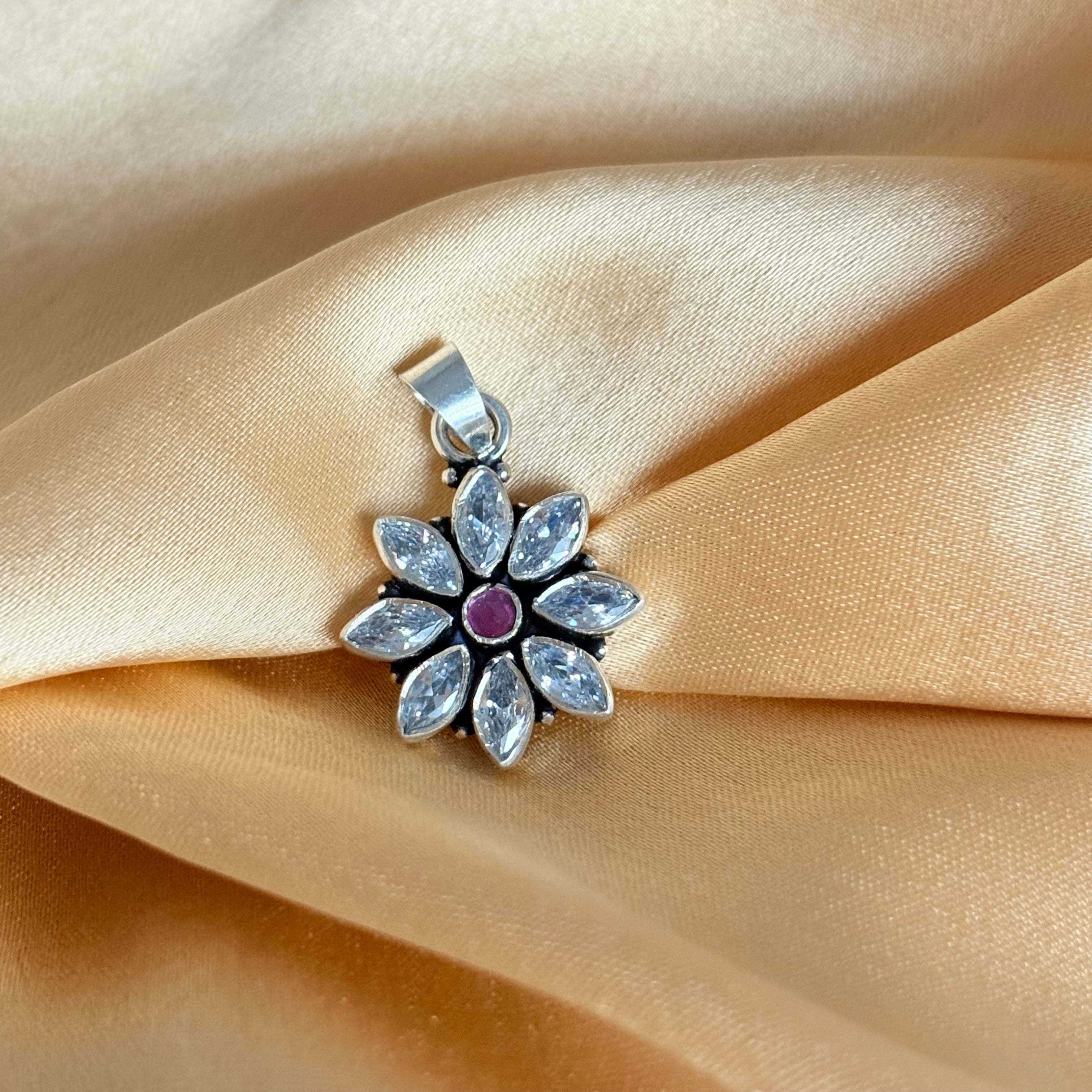 Sterling Silver Zircon Ruby Floral Pendant