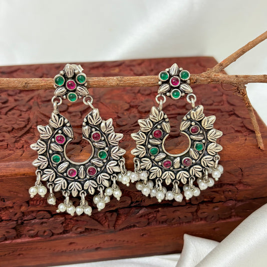 Handcrafted 925 Silver Emerald & Ruby Floral Jhumkas with Leaf Detailing