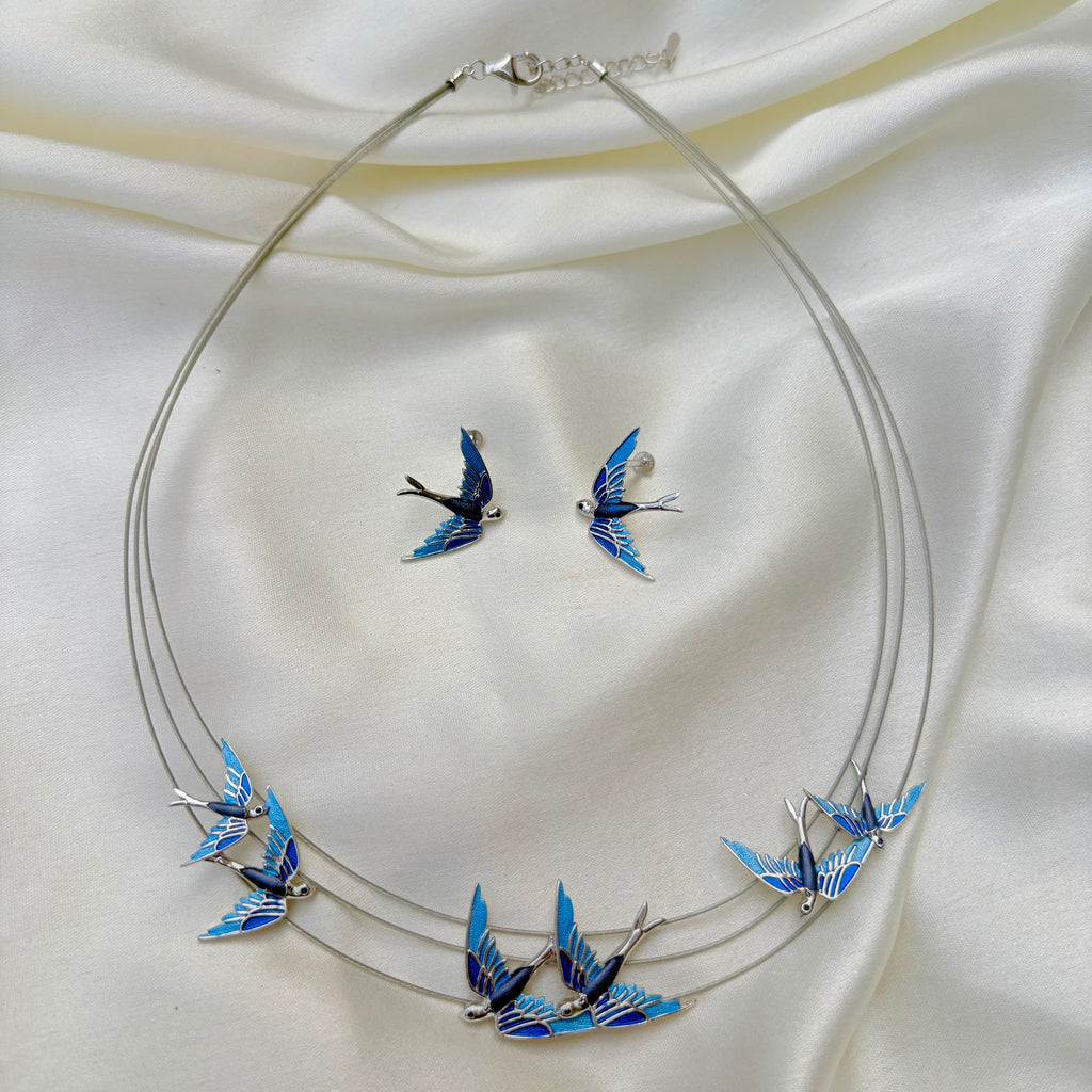 Blue Enamel Flying Bird Korean Silver Necklace Set
