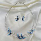 Blue Enamel Flying Bird Korean Silver Necklace Set