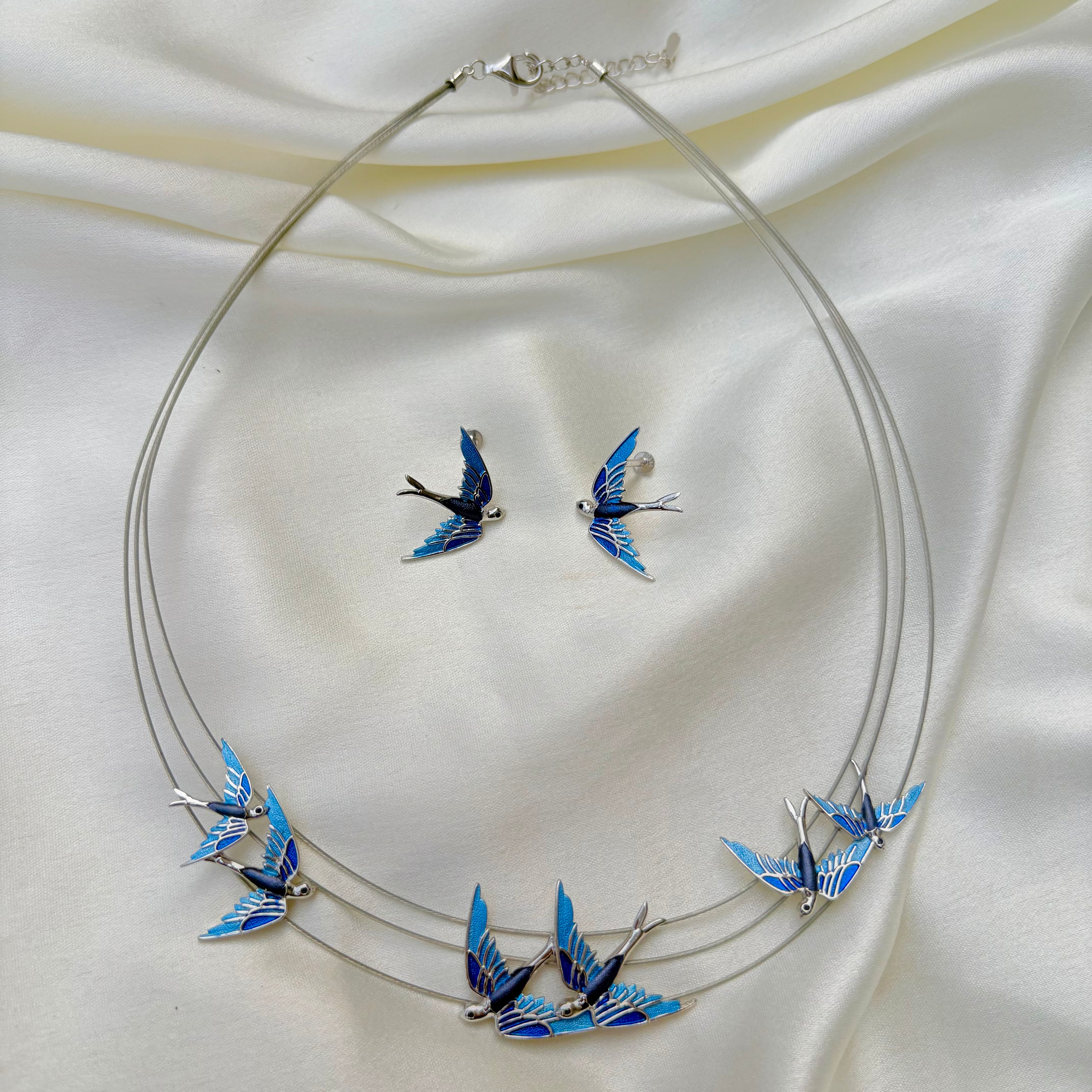 Blue Enamel Flying Bird Korean Silver Necklace Set
