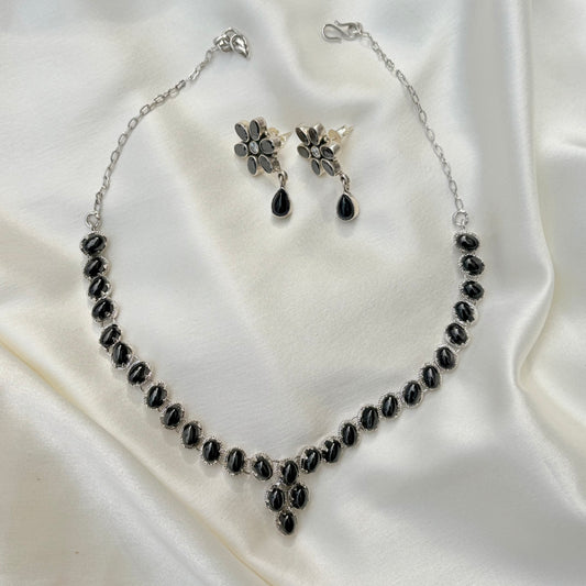 Handcrafted Black Onyx Sterling Silver Floral Jewelry Set
