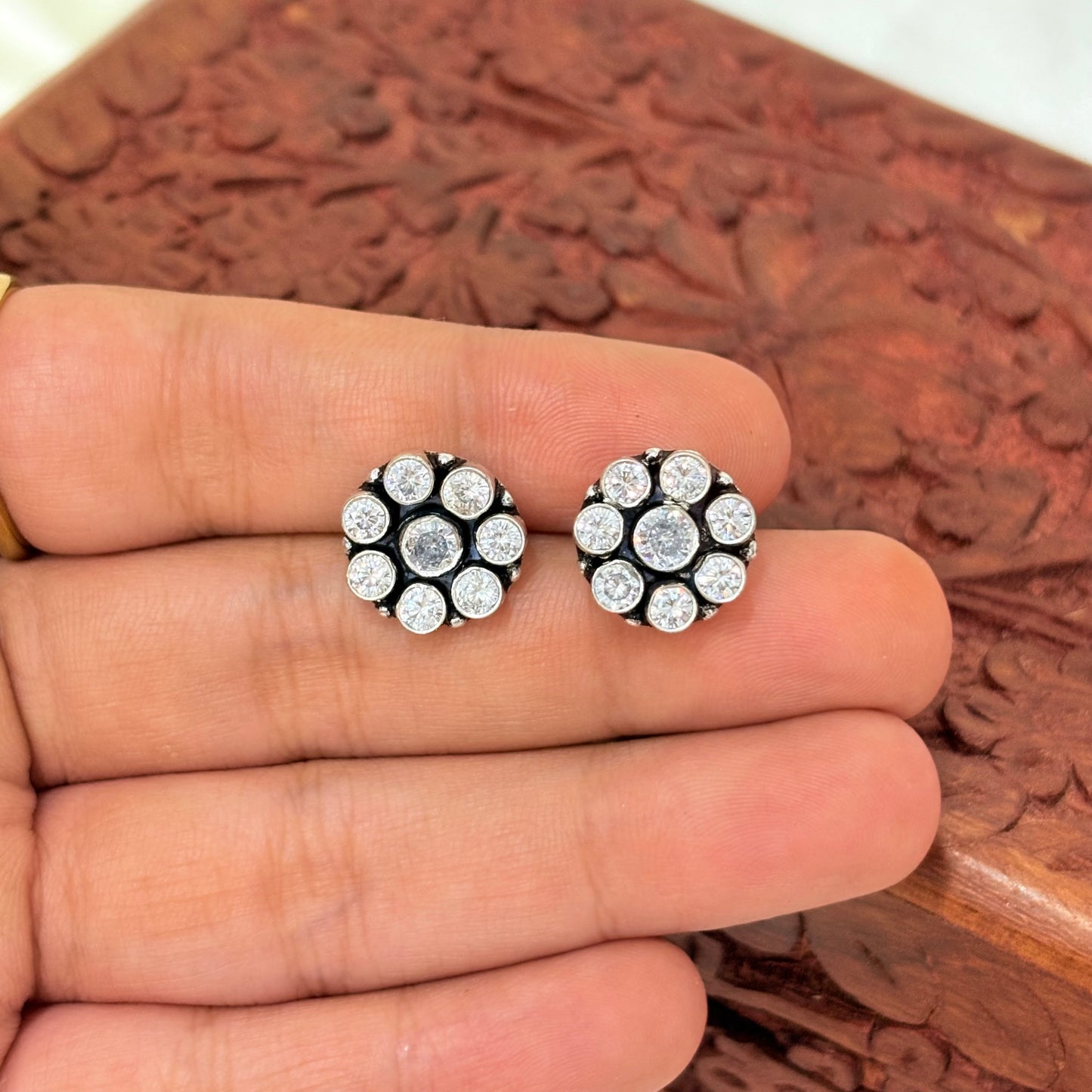 Silver Vintage Floral Halo Stud Earrings
