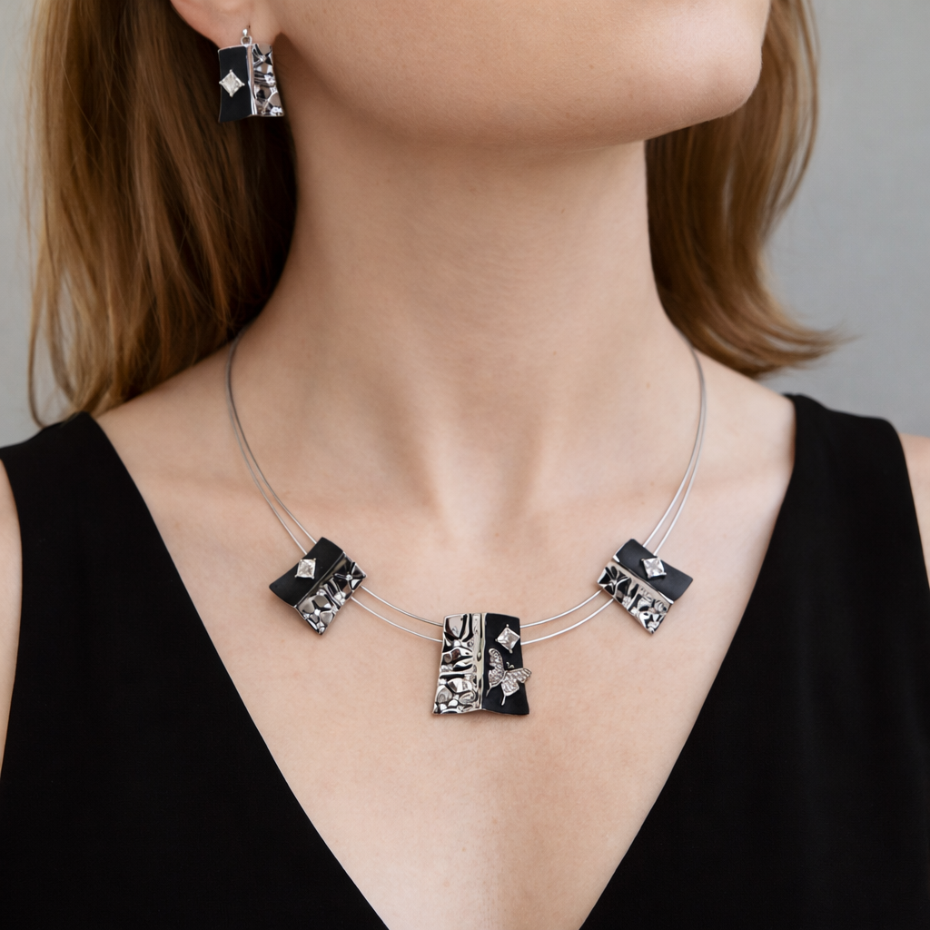 Black Enamel and Sterling Silver Butterfly Jewelry Set