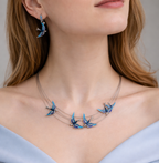 Blue Enamel Flying Bird Korean Silver Necklace Set