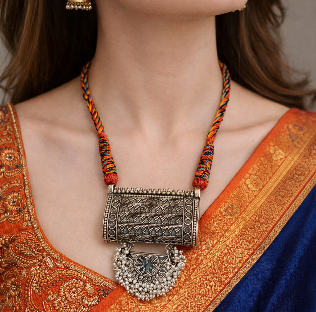 Oxidized Tribal Fusion Silver Necklace for Women